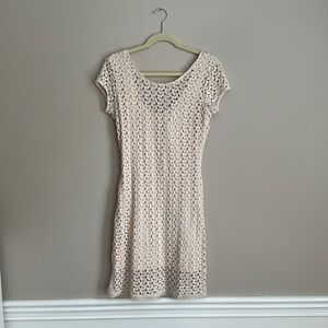FREE PEOPLE Cream Crochet Lace Scoop Neck Bodycon Short Sleeve Mini Dress Medium